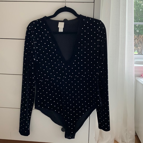 H&M Black rhinestone long sleeve bodysuit (never worn) - Picture 1 of 4